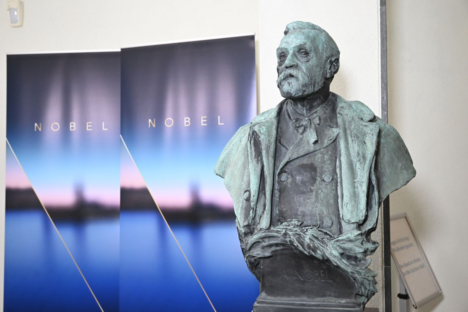 epa10895336 A view of a bust of Alfred Nobel during the announcement of the winners of the 2023 Nobel Prize in Physiology or Medicine in Stockholm, Sweden, 02 October 2023. The 2023 Nobel Prize in Physiology or Medicine was jointly awarded to Katalin Kariko and Drew Weissman 'for their discoveries concerning nucleoside base modifications that enabled the development of effective mRNA vaccines against COVID-19', the Nobel Assembly at the Karolinska Institutet announced.  EPA/JESSICA GOW  SWEDEN OUT