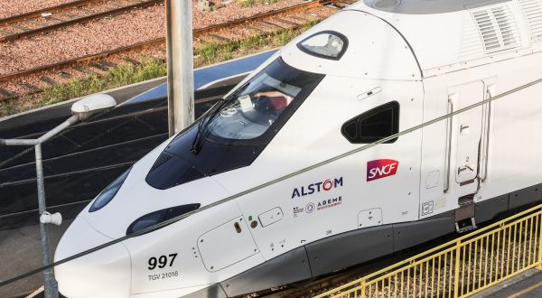 epa10903635 The new TGV INOUI 2025 high-speed passenger train arrives at the SNCF Technicentre Sud Est Europeen (TSEE) rail network in Paris, France, 06 October 2023. The new TGV M is a high-speed passenger train that offers 100 extra seats and lower CO2 emissions than previous models. The new train, which will be deployed on France's railways from 2025, is the result of a collaboration between SNCF Voyageurs (the French national railway company) and Alstom.  EPA/TERESA SUAREZ