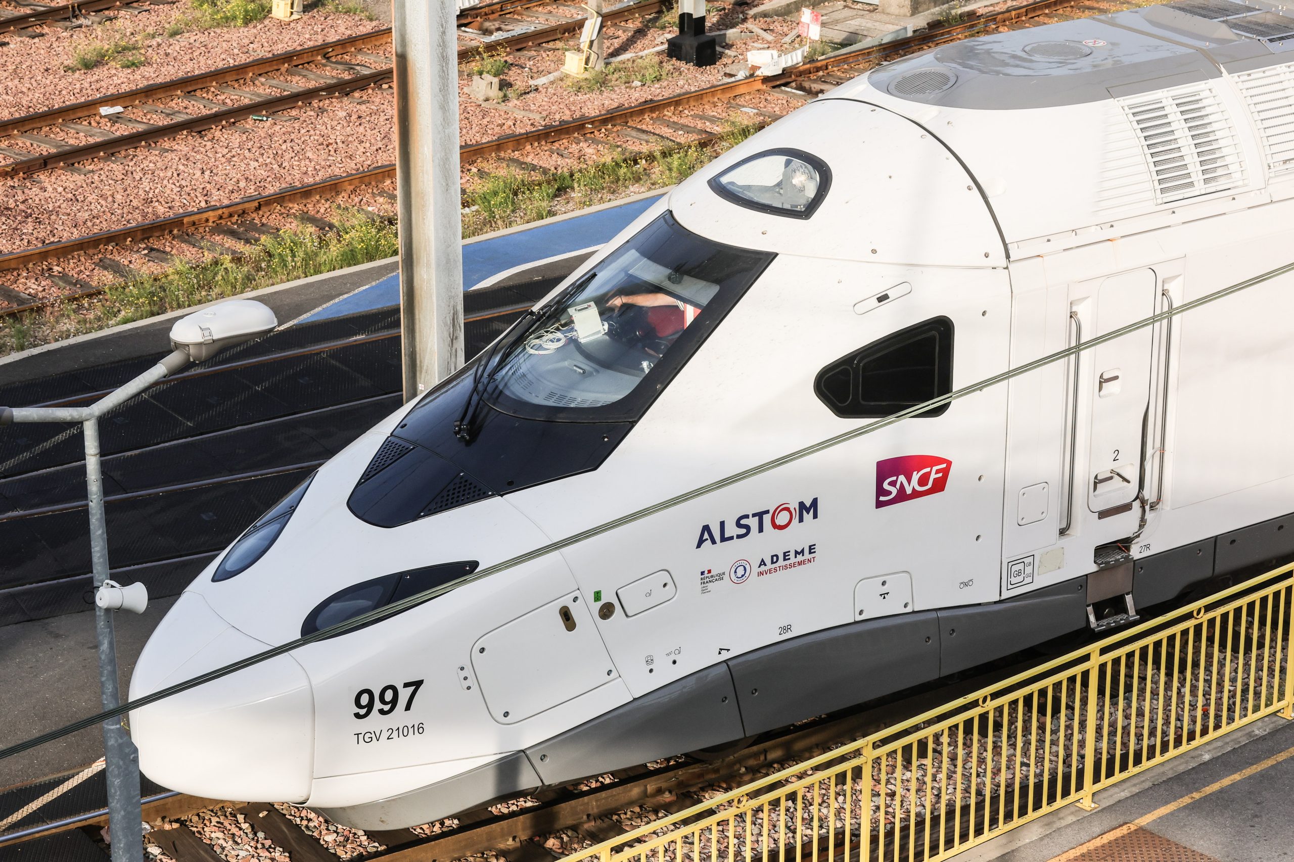 epa10903635 The new TGV INOUI 2025 high-speed passenger train arrives at the SNCF Technicentre Sud Est Europeen (TSEE) rail network in Paris, France, 06 October 2023. The new TGV M is a high-speed passenger train that offers 100 extra seats and lower CO2 emissions than previous models. The new train, which will be deployed on France's railways from 2025, is the result of a collaboration between SNCF Voyageurs (the French national railway company) and Alstom.  EPA/TERESA SUAREZ