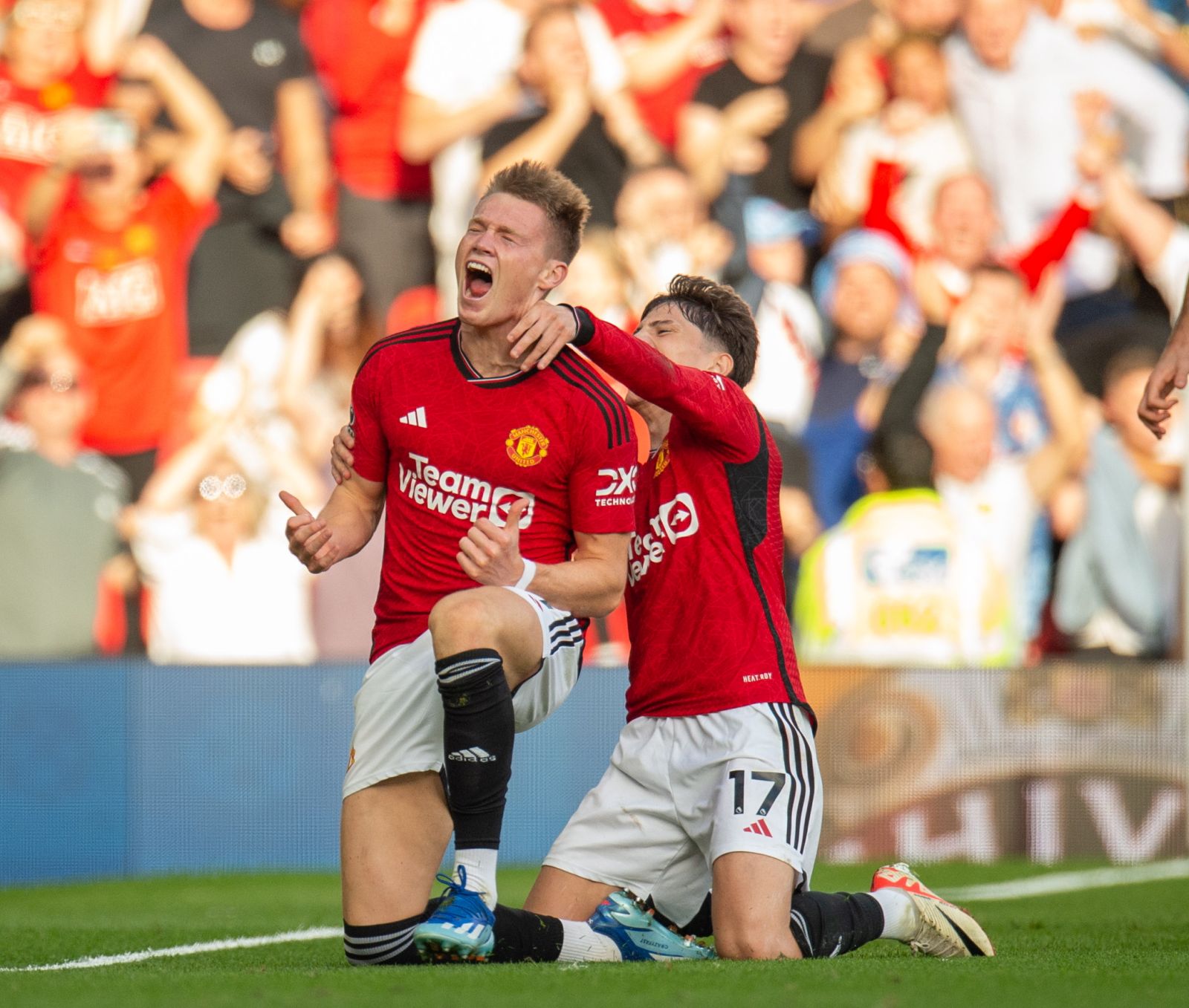 epa10905901 Manchester United's Scott McTominay celebrates after scoring the third goal making the score 2-1during English Premier League match between Manchester United and Brentford in Manchester, Britain, 07 October 2023.  EPA/PETER POWELL EDITORIAL USE ONLY. No use with unauthorized audio, video, data, fixture lists, club/league logos or 'live' services. Online in-match use limited to 120 images, no video emulation. No use in betting, games or single club/league/player publications.