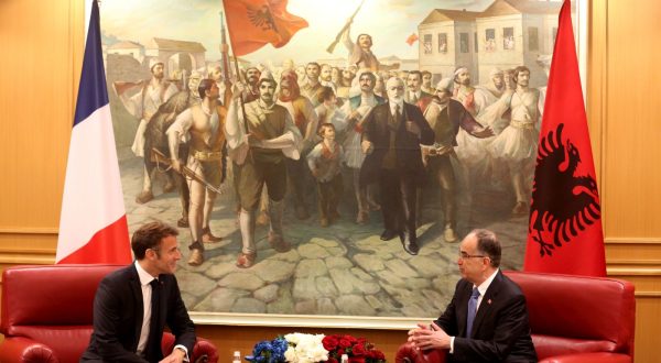 epa10922981 Albania's President Bajram Begaj (R) and French President Emmanuel Macron (L) talk during their meeting in Tirana, Albania, 17 October 2023. French President Macron is on an official visit to Albania.  EPA/MALTON DIBRA