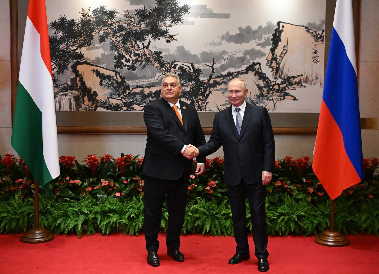epa10923353 Hungarian Prime Minister Viktor Orban (L) and Russian President Vladimir Putin shake hands before their meeting as part of the 3rd Belt and Road Forum at the Diaoyutai State Guest House in Beijing, China, 17 October 2023. Russian President Vladimir Putin attends the 'One Belt, One Roadâ€™ forum in Beijing on October 17-18. As part of this trip, he plans to hold talks with Chinese President Xi Jinping.  EPA/GRIGORY SYSOEV /SPUTNIK / KREMLIN POOL MANDATORY CREDIT