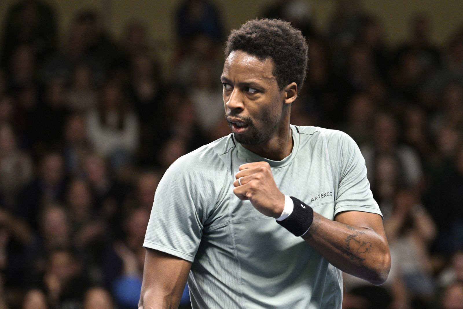 epa10931200 Gael Monfils of France gestures during the semifinal against Laslo Djere of Serbia during the ATP Nordic Open tennis tournament in the Royal Tennis Hall in Stockholm, Sweden, 21 October 2023.  EPA/Anders Wiklund SWEDEN OUT