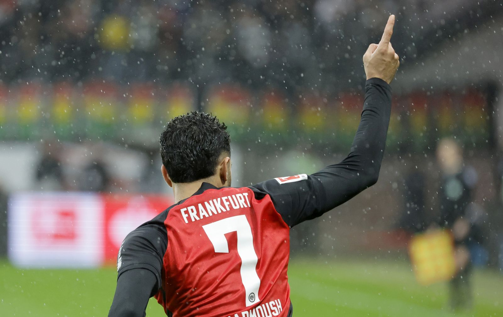 epa10947528 Frankfurt's Omar Marmoush  celebrates after scoring the 1-0 lead by penalty during the German Bundesliga soccer match between Eintracht Frankfurt and Borussia Dortmund in Frankfurt, Germany, 29 October 2023.  EPA/RONALD WITTEK CONDITIONS - ATTENTION: The DFL regulations prohibit any use of photographs as image sequences and/or quasi-video.