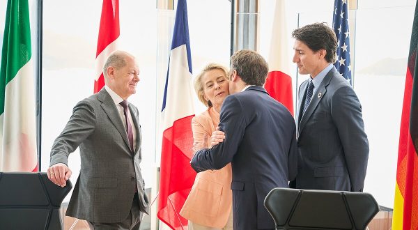 Olaf Scholz, Ursula von der Leyen and Emmanuel Macron, Justin Trudeau