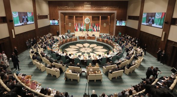 epa10913532 A general view for the emergency meeting of Arab foreign ministers at the Arab League headquarters, in Cairo, Egypt, 11 October 2023. Arab foreign ministers are meeting to discuss the Israeli-Palestinian conflict.  EPA/KHALED ELFIQI