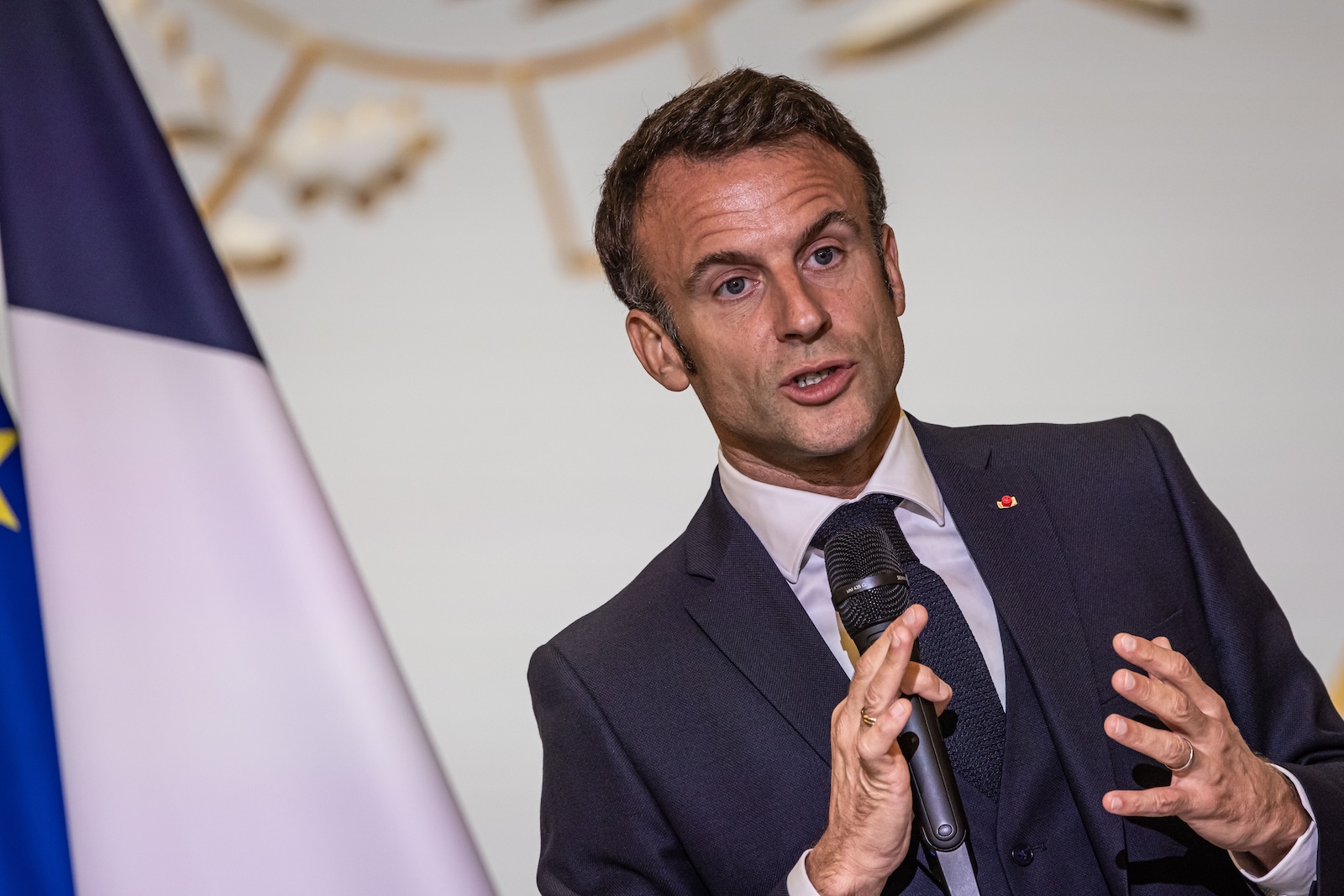 epa10934153 French President Emmanuel Macron speaks during a meeting with educators for professional integration through sports at Elysee Palace in Paris, France, 23 October 2023.  EPA/CHRISTOPHE PETIT TESSON / POOL