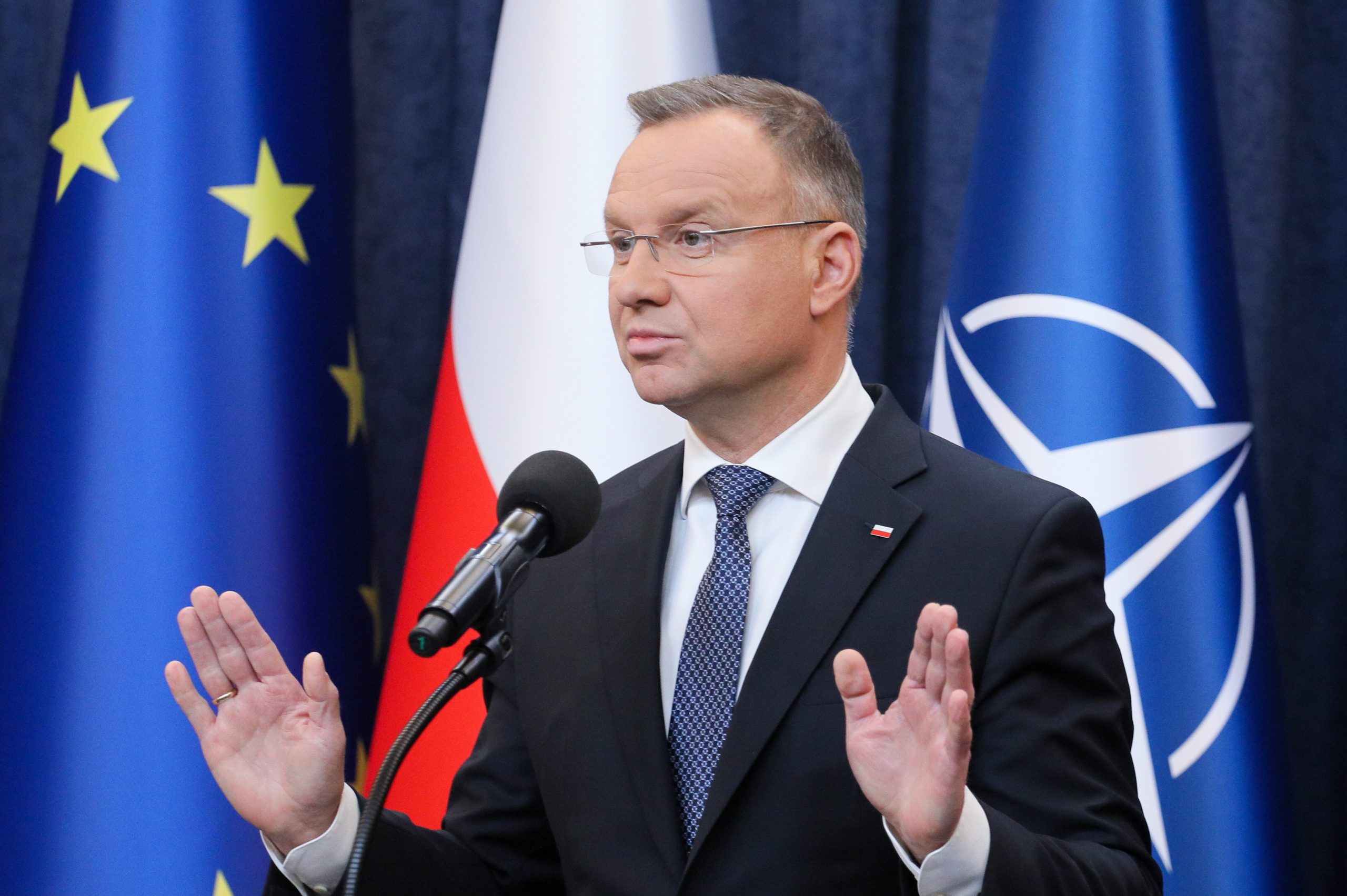 epa10940155 Polish President Andrzej Duda gestures during a press conference at the Presidential Palace in Warsaw, Poland, 26 October 2023. President Andrzej Duda named Donald Tusk, the opposition leader, and Mateusz Morawiecki, the current prime minister, as candidates for prime minister in the new government. The president's announcement follows two days of talks with party representatives, and, according to the president, the first time that two candidates for prime minister have been named.  EPA/Pawel Supernak POLAND OUT