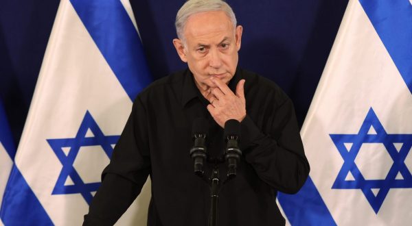 epa10945783 Israel's Prime Minister Benjamin Netanyahu addresses a press conference in The Kirya military base in Tel Aviv, Israel, 28 October 2023.  EPA/ABIR SULTAN / POOL