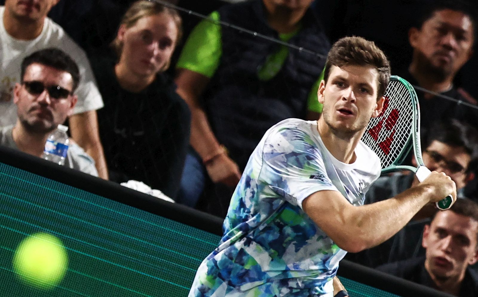 epa10952773 Hubert Hurkacz of Poland in action during his second round match against Roberto Bautista Agut of Spain at the Paris Masters tennis tournament in Paris, France, 01 November 2023.  EPA/Mohammed Badra