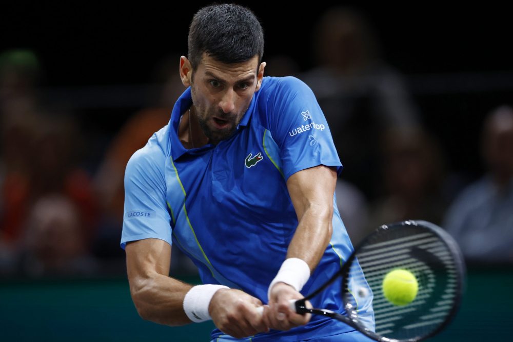 epa10957822 Novak Djokovic of Serbia in action during his semi-final match against Andrey Rublev of Russia at the Paris Masters tennis tournament in Paris, France, 04 November 2023.  EPA/YOAN VALAT
