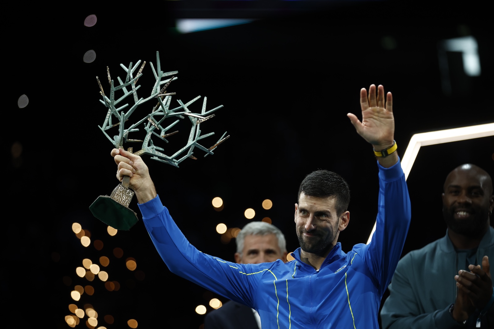 epa10959549 Novak Djokovic of Serbia poses with the trophy after winning his final match against Grigor Dimitrov of Bulgaria at the Paris Masters tennis tournament, in Paris, France, 05 November 2023.  EPA/YOAN VALAT
