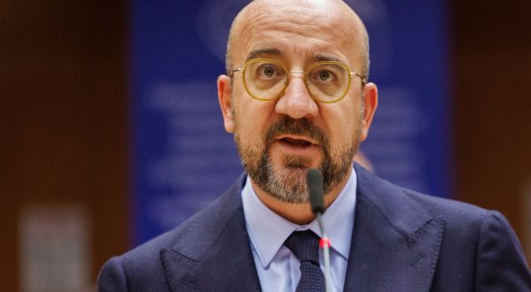 epa10964634 EU Council President Charles Michel addresses the EU Parliament mini plenary session on conclusions of EUCO and the humanitarian crisis in Gaza and the need for a humanitarian pause in Brussels, Belgium, 08 November 2023.  EPA/OLIVIER MATTHYS