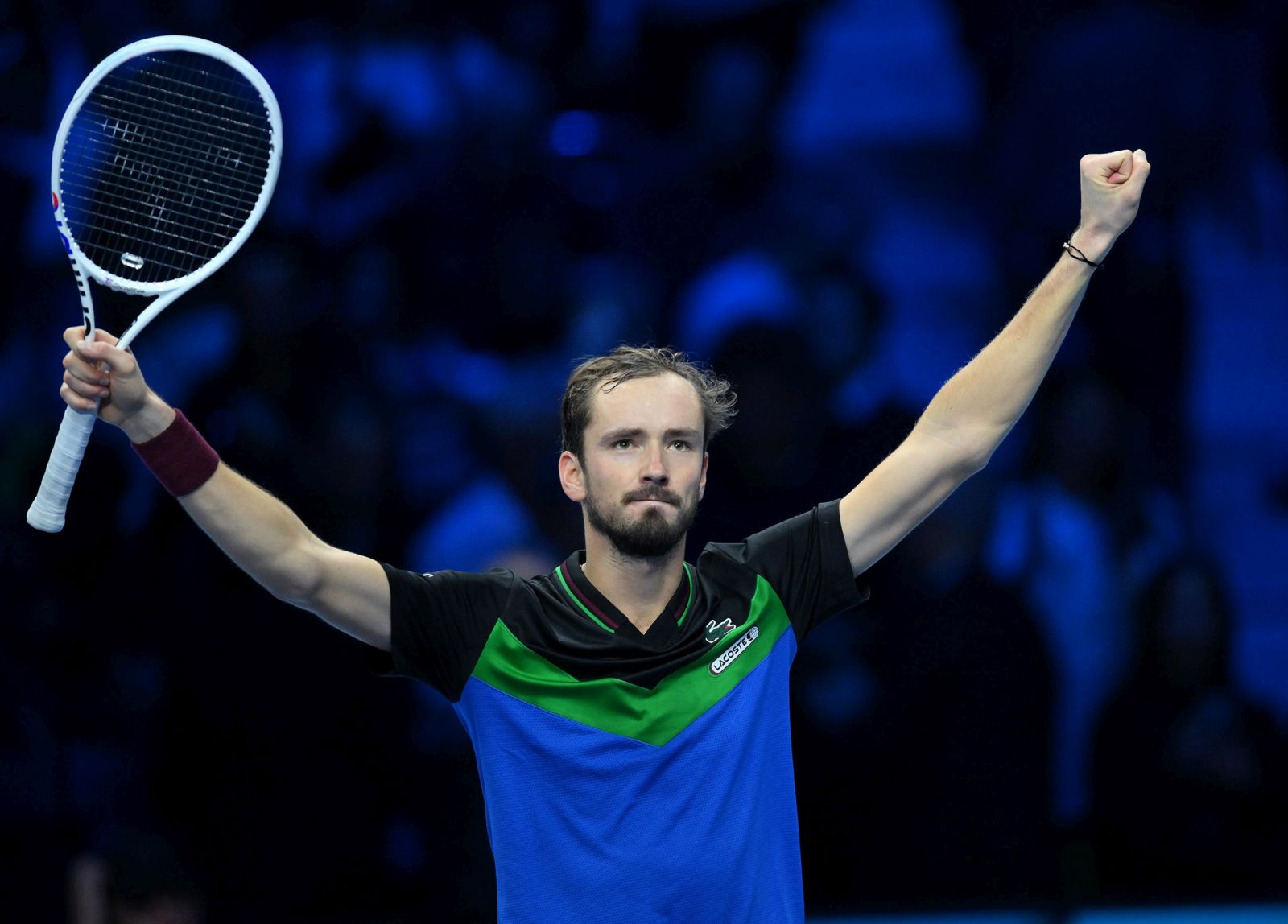epa10977273 Daniil Medvedev of Russia reacts after winning his Red Group match against Alexander Zverev of Germany at the Nitto ATP Finals tennis tournament in Turin, Italy, 15 November 2023.  EPA/Alessandro Di Marco