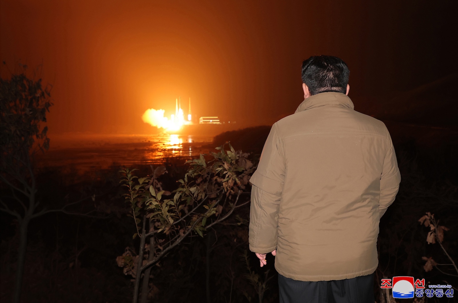 epa10988693 A photo released by the official North Korean Central News Agency (KCNA) on 22 November 2023 shows North Korean leader Kim Jong Un overseeing the launch of a new-type carrier rocket 'Chollima-1' carrying the reconnaissance satellite 'Malligyong-1' at the Sohae Satellite Launching Ground in Cholsan County, North Phyongan Province, North Korea, 21 November 2023. According to KCNA, North Korea's National Aerospace Technology Administration (NATA) has successfully launched the carrier rocket 'Chollima-1' and 'accurately put the reconnaissance satellite 'Malligyong-1' on its orbit at 22:54:13, 705s after the launch'.  EPA/KCNA   EDITORIAL USE ONLY  EDITORIAL USE ONLY