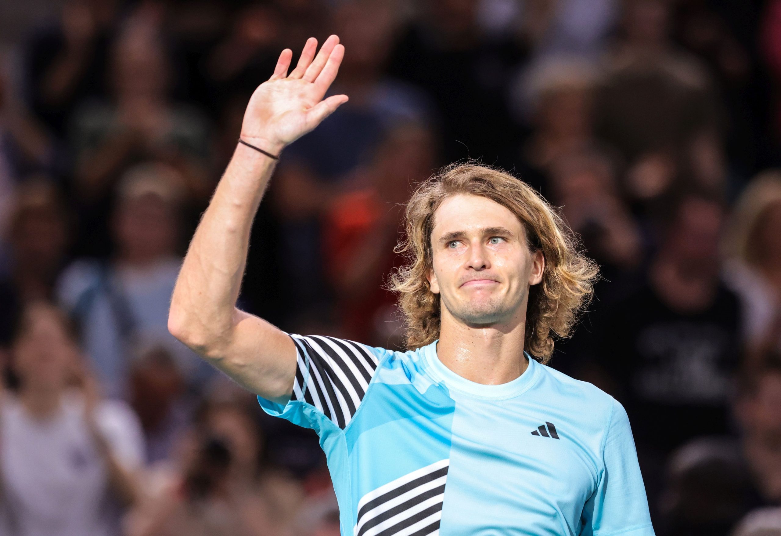 epa10953413 Alexander Zverev of Germany gestures after his victory at the second round match against Ugo Humbert of France at the Paris Masters tennis tournament in Paris, France, 01 November 2023.  EPA/TERESA SUAREZ