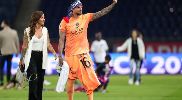 Goalkeeper Alexandre Letellier of PSG with wife Chloe Letellier post match during the Ligue 1 match between Paris Saint Germain and Clermont Foot at Parc des Princes, Paris, France on 3 June 2023. Copyright: xAndyxRowlandx PMI-5577-0057