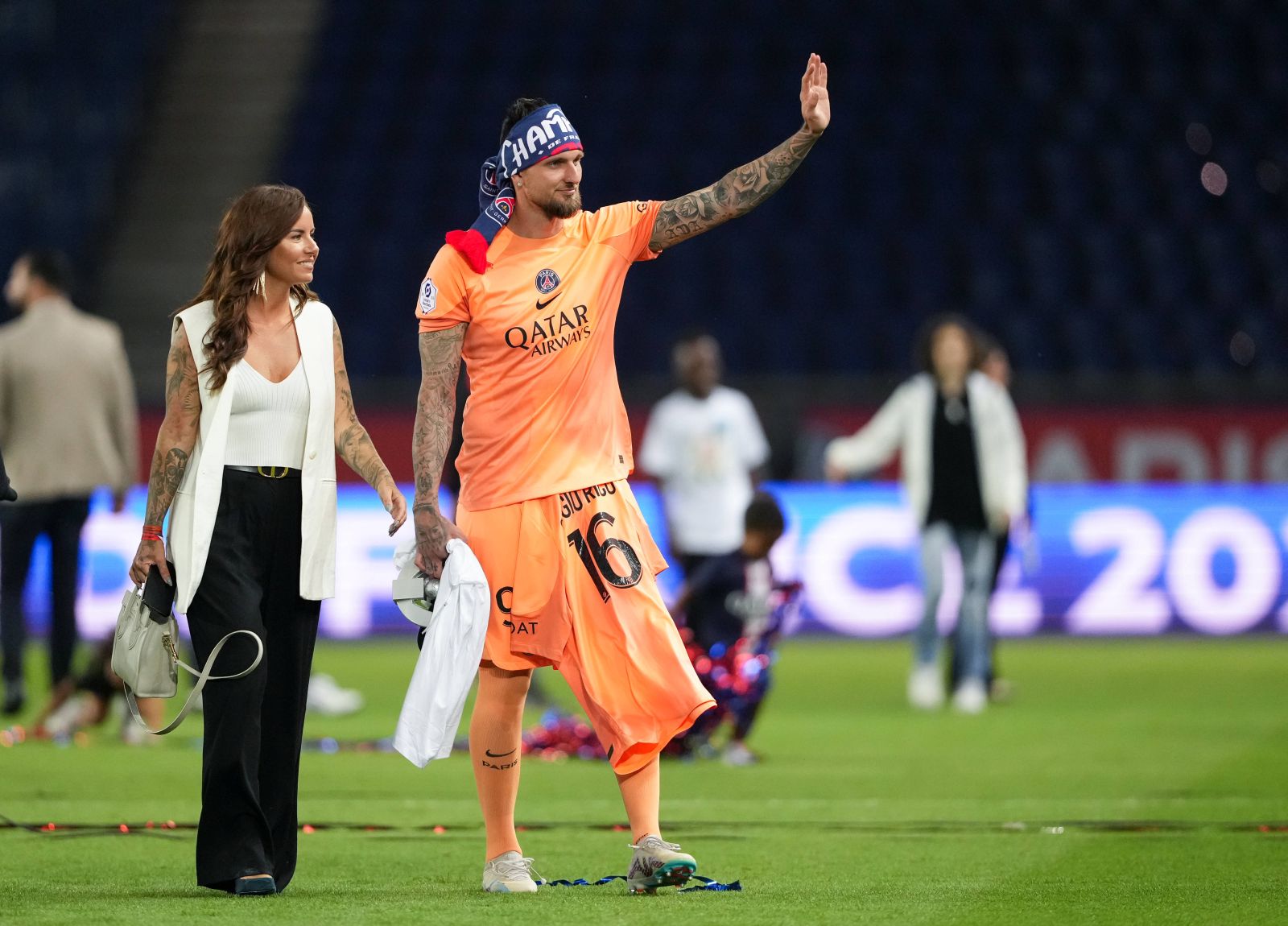 Goalkeeper Alexandre Letellier of PSG with wife Chloe Letellier post match during the Ligue 1 match between Paris Saint Germain and Clermont Foot at Parc des Princes, Paris, France on 3 June 2023. Copyright: xAndyxRowlandx PMI-5577-0057