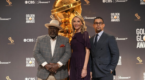 Cedric the Entertainer, from left, Helen Hoehne, president of Golden Globes LLC., and Wilmer Valderrama appear at the nominations for the 81st Golden Globe Awards at the Beverly Hilton Hotel on Monday, Dec. 11, 2023, in Beverly Hills, Calif. The 81st Golden Globe Awards will be held on Sunday, Jan. 7, 2024. (AP Photo/Chris Pizzello)