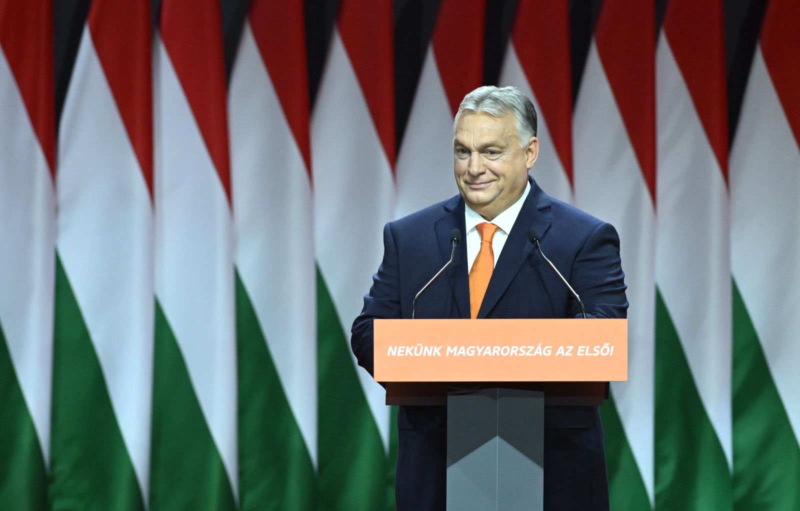 epa10983031 Hungarian Prime Minister Viktor Orban delivers his speech after he was re-elected as party president at the election of officials congress of the ruling Hungarian Fidesz party, during the 30th congress of Fidesz in Budapest, Hungary, 18 November 2023.  EPA/Szilard Koszticsak HUNGARY OUT
