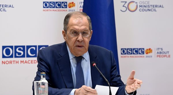epa11005303 Russian Foreign Minister Sergei Lavrov speaks during a press conference on the sidelines of the 30th OSCE Ministerial Meeting in Skopje, Republic of North Macedonia, 01 December 2023. The Ministerial Council meets once a year towards the end of every term of chairmanship to consider issues on the OSCE agenda and adopt relevant documents. The 30th OSCE Ministerial Council takes place on 30 November and 01 December 2023.  EPA/GEORGI LICOVSKI