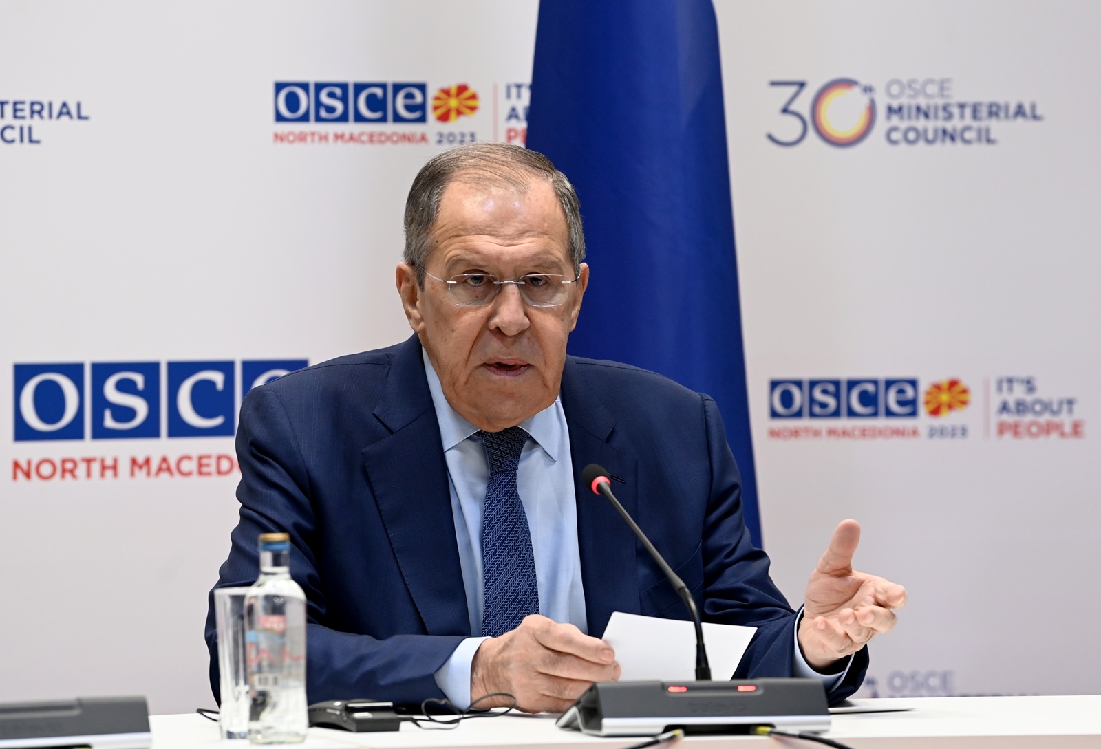 epa11005303 Russian Foreign Minister Sergei Lavrov speaks during a press conference on the sidelines of the 30th OSCE Ministerial Meeting in Skopje, Republic of North Macedonia, 01 December 2023. The Ministerial Council meets once a year towards the end of every term of chairmanship to consider issues on the OSCE agenda and adopt relevant documents. The 30th OSCE Ministerial Council takes place on 30 November and 01 December 2023.  EPA/GEORGI LICOVSKI