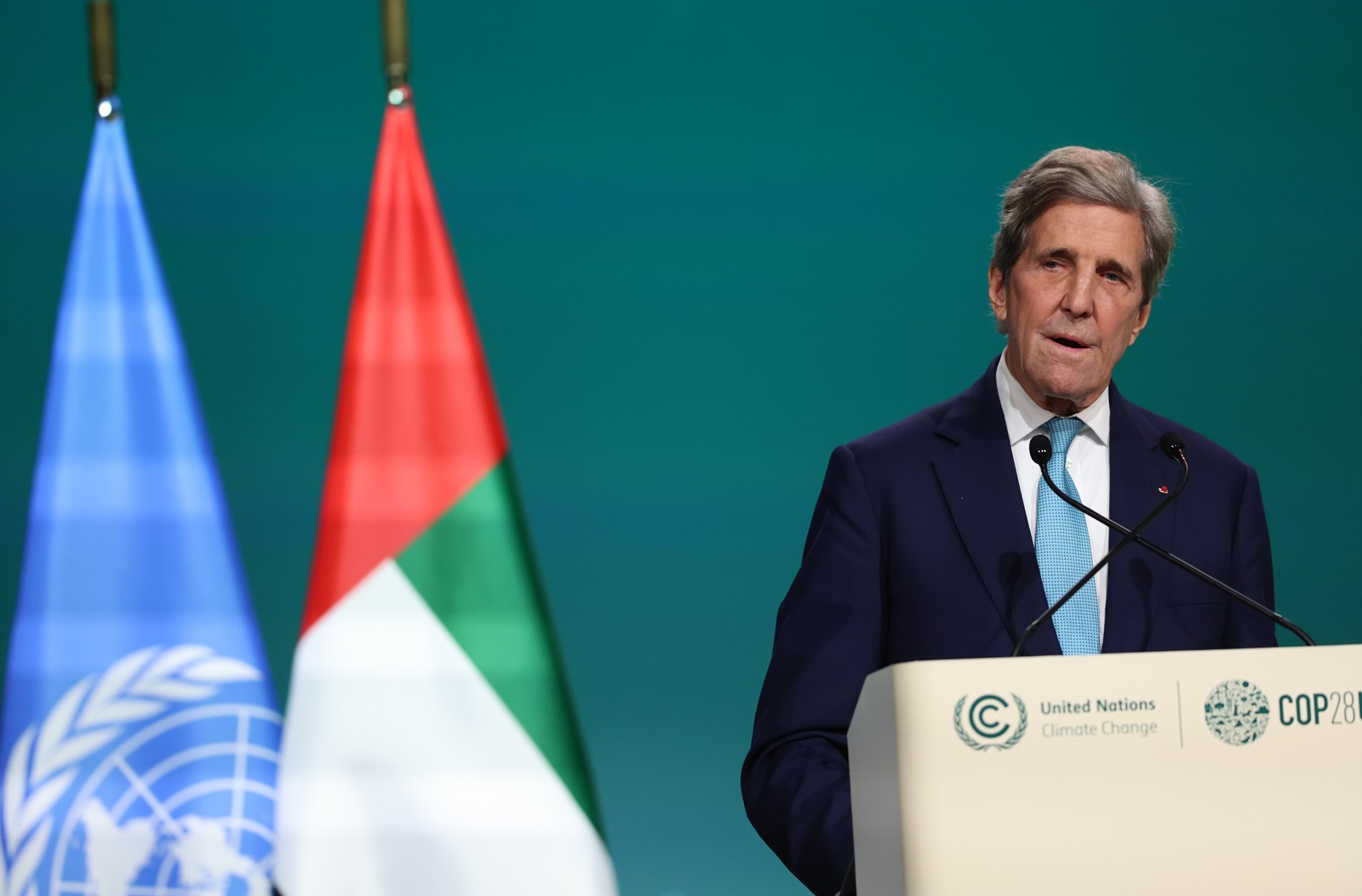 epa11010597 US Special Presidential Envoy for Climate John Kerry gives a speech during a session at the fifth day of the 2023 United Nations Climate Change Conference (COP28) at Expo City Dubai in Dubai, UAE, 04 December 2023. The 2023 United Nations Climate Change Conference (COP28), runs from 30 November to 12 December, and is expected to host one of the largest number of participants in the annual global climate conference as over 70,000 estimated attendees, including the member states of the UN Framework Convention on Climate Change (UNFCCC), business leaders, young people, climate scientists, Indigenous Peoples and other relevant stakeholders will attend.  EPA/ALI HAIDER
