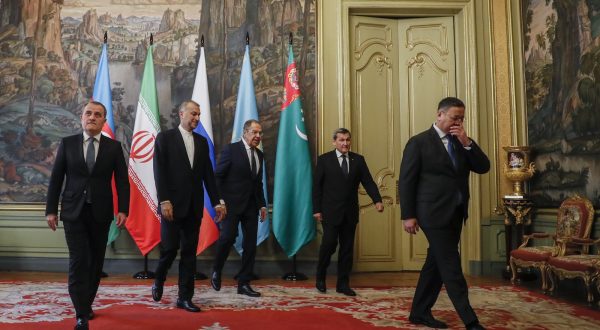 epa11011521 (L-R) Azerbaijan's Foreign Minister Jeyhun Bayramov, Iran's Foreign Minister Hossein Amir-Abdollahian, Russian Foreign Minister Sergey Lavrov, Turkmenistan's Deputy Prime Minister and Foreign Minister Rashid Meredov, and Kazakhstan's Foreign Minister Murat Nurtleu attend a family photo ceremony at the annual meeting of the Caspian Sea littoral states, known as the 'Caspian Five' in Moscow, Russia, 05 December 2023. The 'Caspian Five' includes the Caspian Sea coastal countries Turkmenistan, Kazakhstan, Iran, Russia and Azerbaijan, which set as their goals mutual economic integration, ensuring security and preservation of the regional marine ecosystem.  EPA/YURI KOCHETKOV