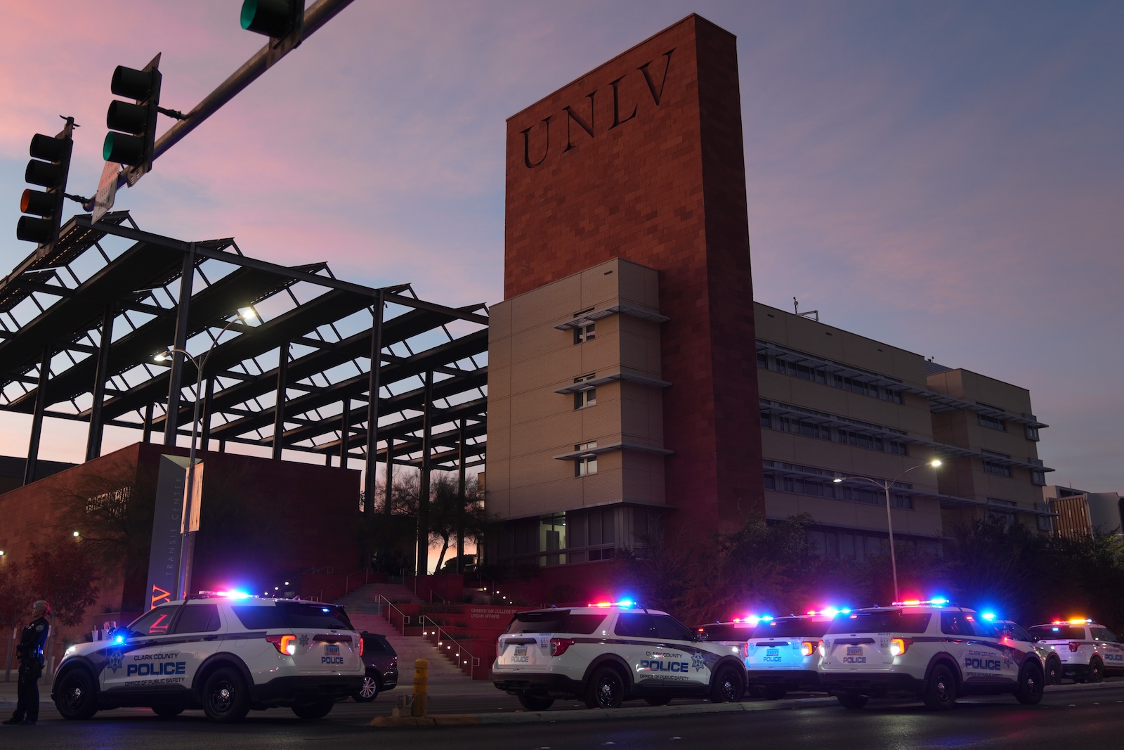 epaselect epa11014855 Various law enforcement agencies work outside of the University of Nevada where multiple people were shot on the campus in Las Vegas, Nevada, USA, 06 December 2023. According to local police at least three people were killed with a fourth in critical condition, and the suspect was located and is deceased.  EPA/ALLISON DINNER