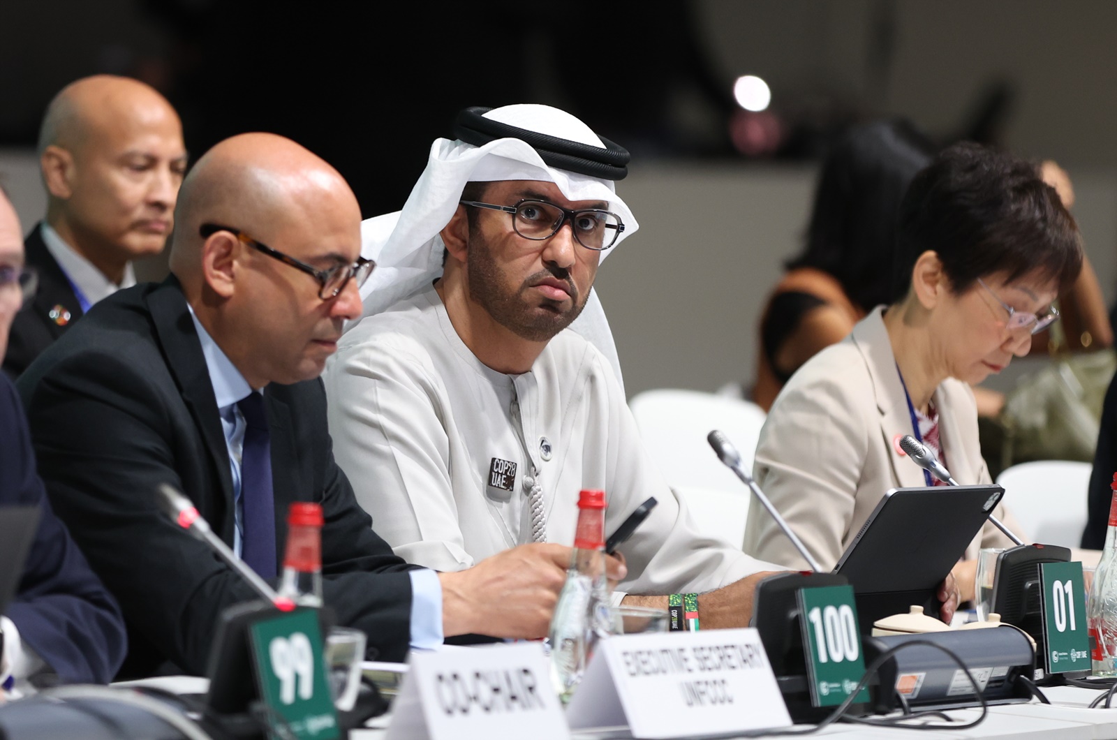 epa11018444 President-Designate of COP28, UAE's Climate Change Special Envoy and Managing Director and Group CEO of the Abu Dhabi National Oil Company (ADNOC), Dr. Sultan Ahmed Al Jaber (C) attends a session during the 2023 United Nations Climate Change Conference (COP28) in Dubai, UAE, 09 December 2023. COP28 runs from 30 November to 12 December, and is expected to host one of the largest number of participants in the annual global climate conference as over 70,000 estimated attendees, including the member states of the UN Framework Convention on Climate Change (UNFCCC), business leaders, young people, climate scientists, Indigenous Peoples and other relevant stakeholders will attend.  EPA/ALI HAIDER