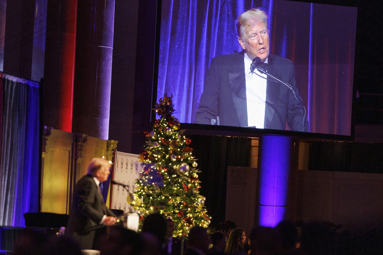 epa11020626 Former President of the United States, Donald J. Trump, speaks during the 111th New York Young Republicans Gala in New York, New York, USA, 09 December 2023.  EPA/SARAH YENESEL