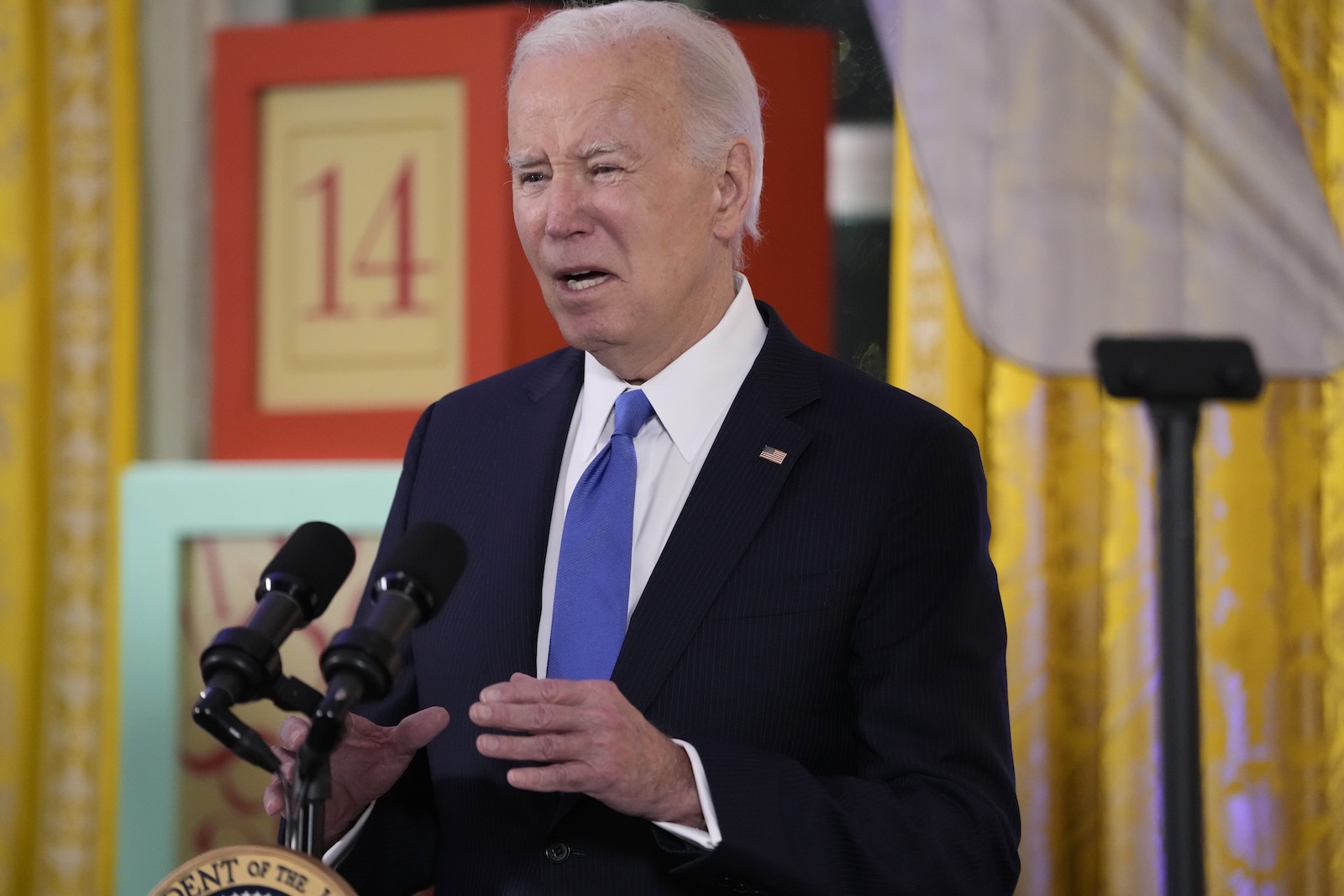 epa11023743 President Joe Biden speaks during a Hanukkah reception in the East Room of the White House in Washington, DC, USA, 11 December 2023.  EPA/Jacquelyn Martin / POOL 12345678