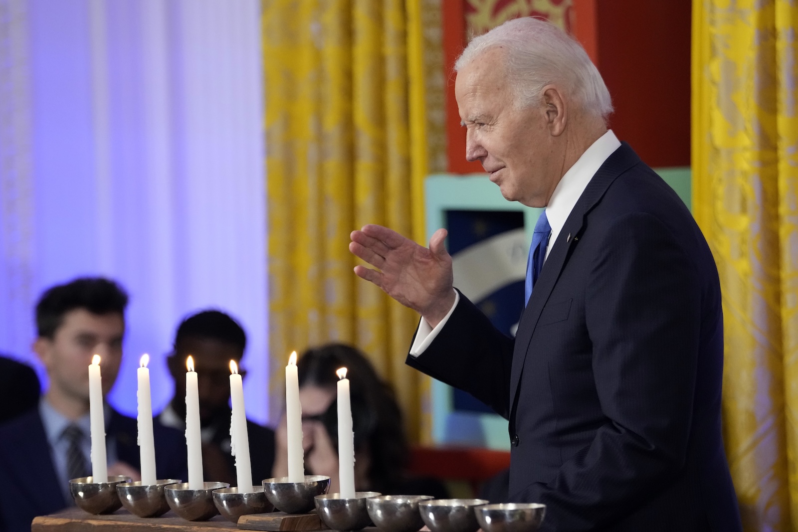 epa11023754 US President Joe Biden departs after delivering remarks during a Hanukkah reception in the East Room of the White House in Washington, DC, USA, 11 December 2023.  EPA/Jacquelyn Martin / POOL 12345678