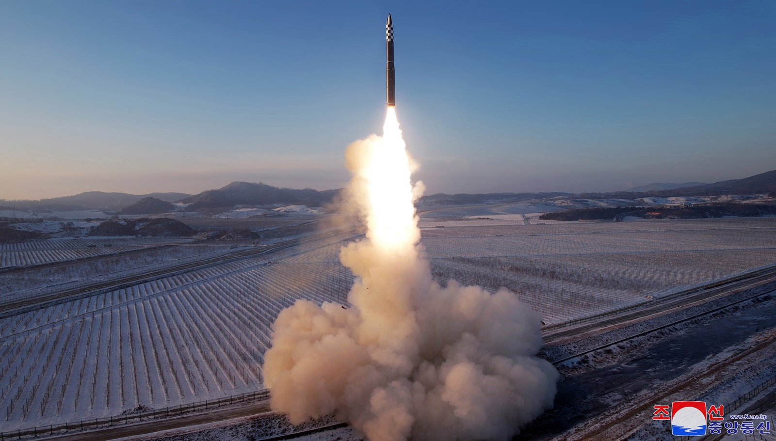 epa11036731 A photo released by the official North Korean Central News Agency (KCNA) shows the launch of a Hwasong-18 solid-fuel intercontinental ballistic missile (ICBM), at an undisclosed location in North Korea, 18 December 2023 (issued 19 December 2023). According to KCNA, the ICBM flew 1,002.3 kilometers for 4,415 seconds at a maximum altitude of 6,518.2 km before 'accurately' hitting the East Sea.  EPA/KCNA   EDITORIAL USE ONLY  EDITORIAL USE ONLY