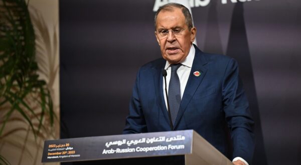 epa11038699 Russia's Foreign Minister Sergei Lavrov takes part in a joint press conference during the 6th Arab-Russian Cooperation Forum, in Marrakesh, Morocco, 20 December 2023. The regional meeting gathered foreign ministers of participating countries, including Russia, and ministerial delegations from various Arab states.  EPA/JALAL MORCHIDI
