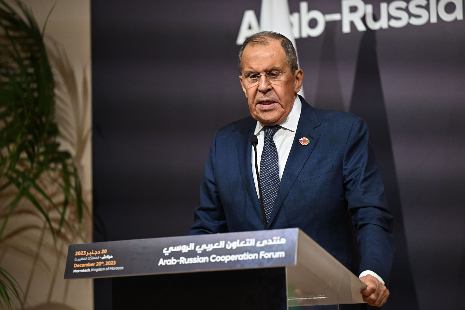 epa11038699 Russia's Foreign Minister Sergei Lavrov takes part in a joint press conference during the 6th Arab-Russian Cooperation Forum, in Marrakesh, Morocco, 20 December 2023. The regional meeting gathered foreign ministers of participating countries, including Russia, and ministerial delegations from various Arab states.  EPA/JALAL MORCHIDI