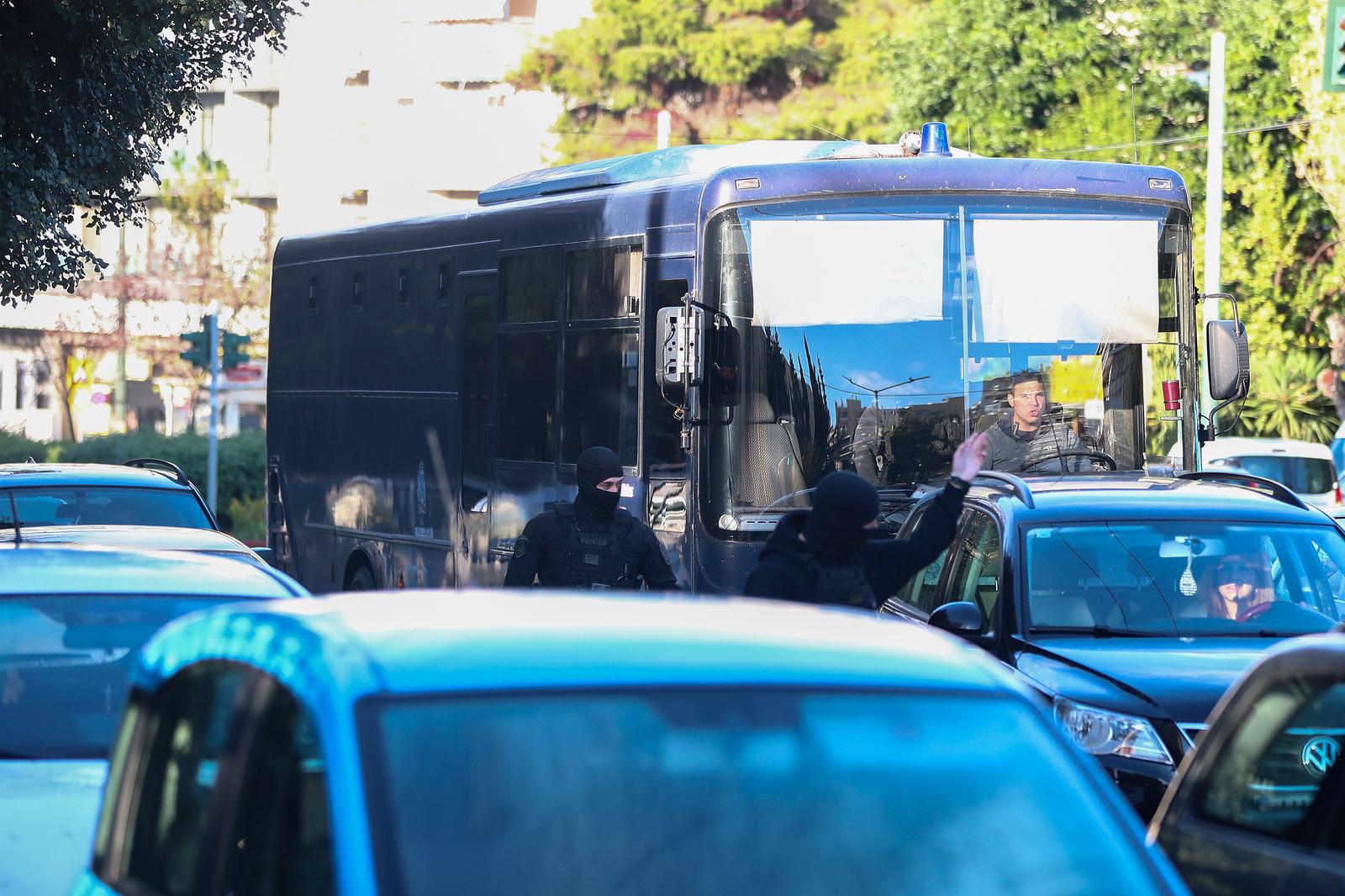06.12.2023., Atena, Grcka - Policija dovodi na sud navijace Dinama, Bad Blue Boyse. Photo: Matija Habljak/PIXSELL