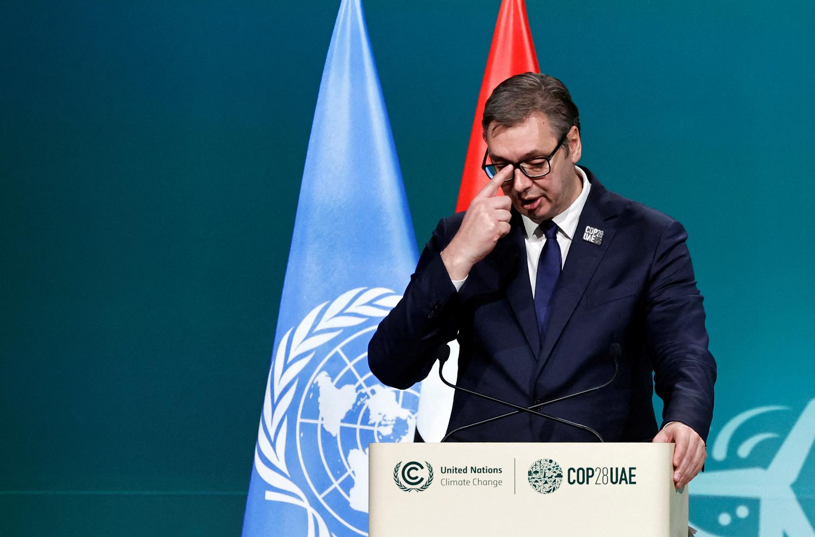 Serbia's President Aleksandar Vucic delivers a national statement at the World Climate Action Summit during the United Nations Climate Change Conference (COP28) in Dubai, United Arab Emirates, December 1, 2023. REUTERS/Thaier Al Sudani Photo: THAIER AL-SUDANI/REUTERS