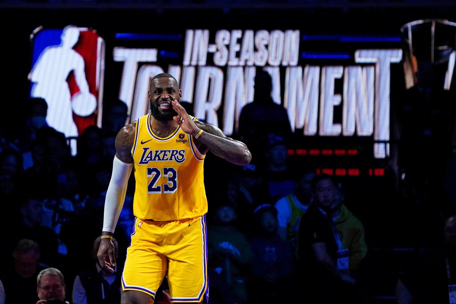 Dec 7, 2023; Las Vegas, Nevada, USA; Los Angeles Lakers forward LeBron James (23) calls out during the third quarter against the New Orleans Pelicans in the NBA In Season Tournament Semifinal at T-Mobile Arena. Mandatory Credit: Kyle Terada-USA TODAY Sports Photo: Kyle Terada/REUTERS