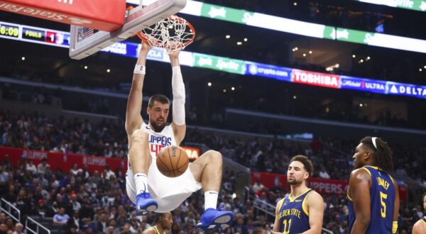 Dec 14, 2023; Los Angeles, California, USA; LA Clippers center Ivica Zubac (40) dunks against the Golden State Warriors during the second half of the game at Crypto.com Arena. Mandatory Credit: Jessica Alcheh-USA TODAY Sports Photo: Jessica Alcheh/REUTERS