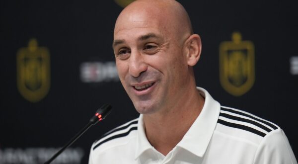 The President of the Spanish Football Federation Luis Rubiales speaks to reporters during a news conference at Qatar University, in Doha, Qatar, Monday, Nov. 21, 2022. Spain will play its first match in Group E in the World Cup against Costa Rica on Nov. 23. (AP Photo/Julio Cortez)