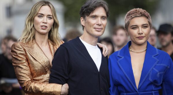 Cillian Murphy, Emily Blunt and Florence Pugh pose for photographers at the photo call for the film 'Oppenheimer' on Wednesday, July 12, 2023 in London. (Vianney Le Caer/Invision/AP)