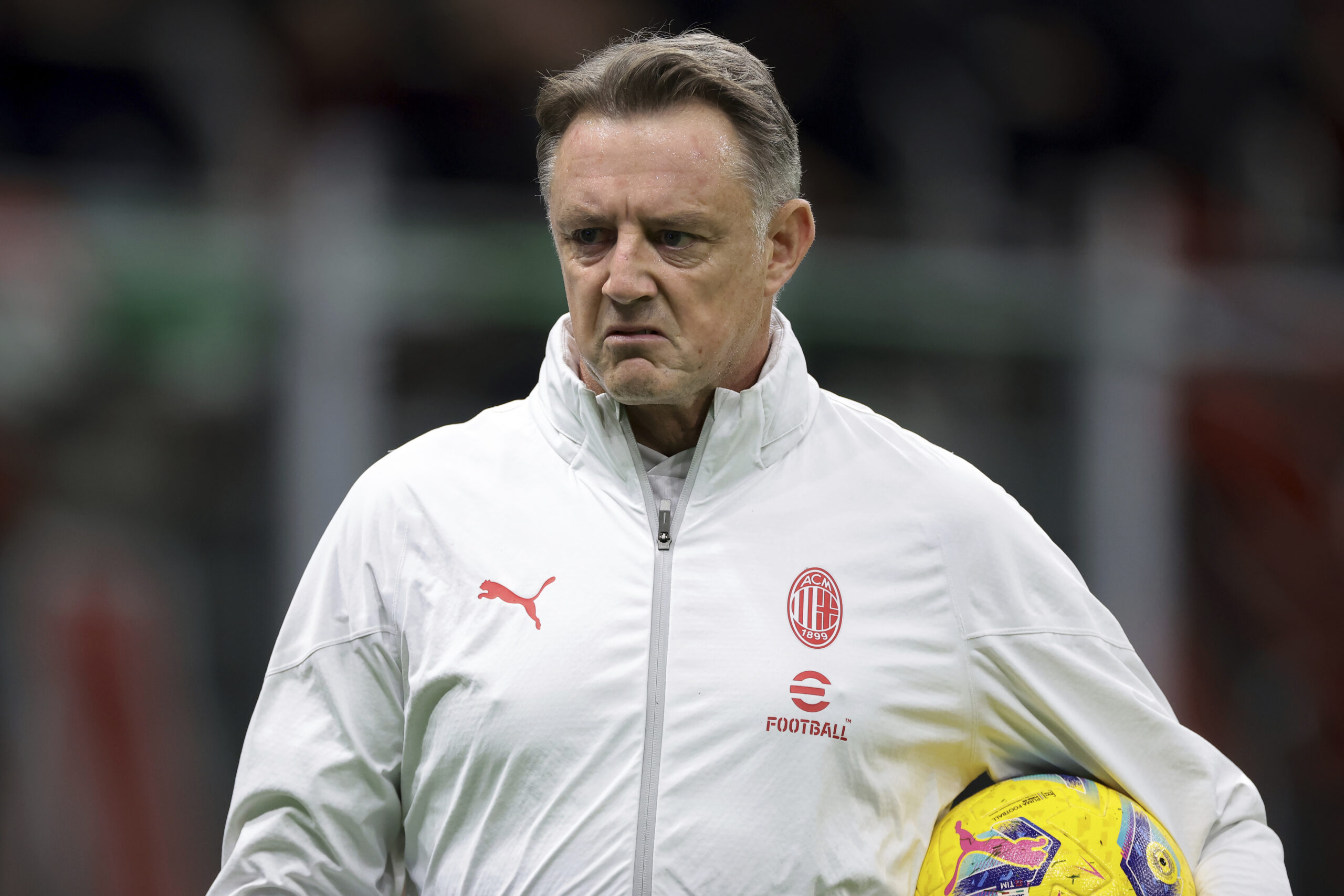 October 22, 2023, Milan: Milan, Italy, 22nd October 2023. Tony Roberts AC Milan Goalkeeping Coach reacts during the warm up prior to kick off in the Serie A match at Giuseppe Meazza, Milan. (Credit Image: Â© Jonathan Moscrop/Sportimage/Cal Sport Media) (Cal Sport Media via AP Images)