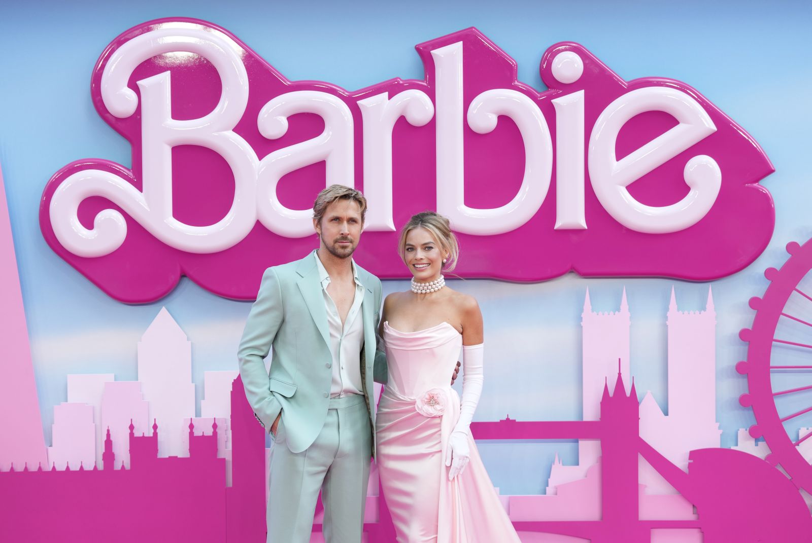 FILE - Ryan Gosling, left, and Margot Robbie pose for photographers upon arrival at the premiere of the film 'Barbie' on July 12, 2023, in London. (Scott Garfitt/Invision/AP, File)