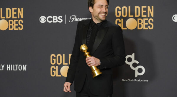 Kieran Culkin poses in the press room with the award for best performance by an actor in a television series, drama for "Succession" at the 81st Golden Globe Awards on Sunday, Jan. 7, 2024, at the Beverly Hilton in Beverly Hills, Calif. (AP Photo/Chris Pizzello)