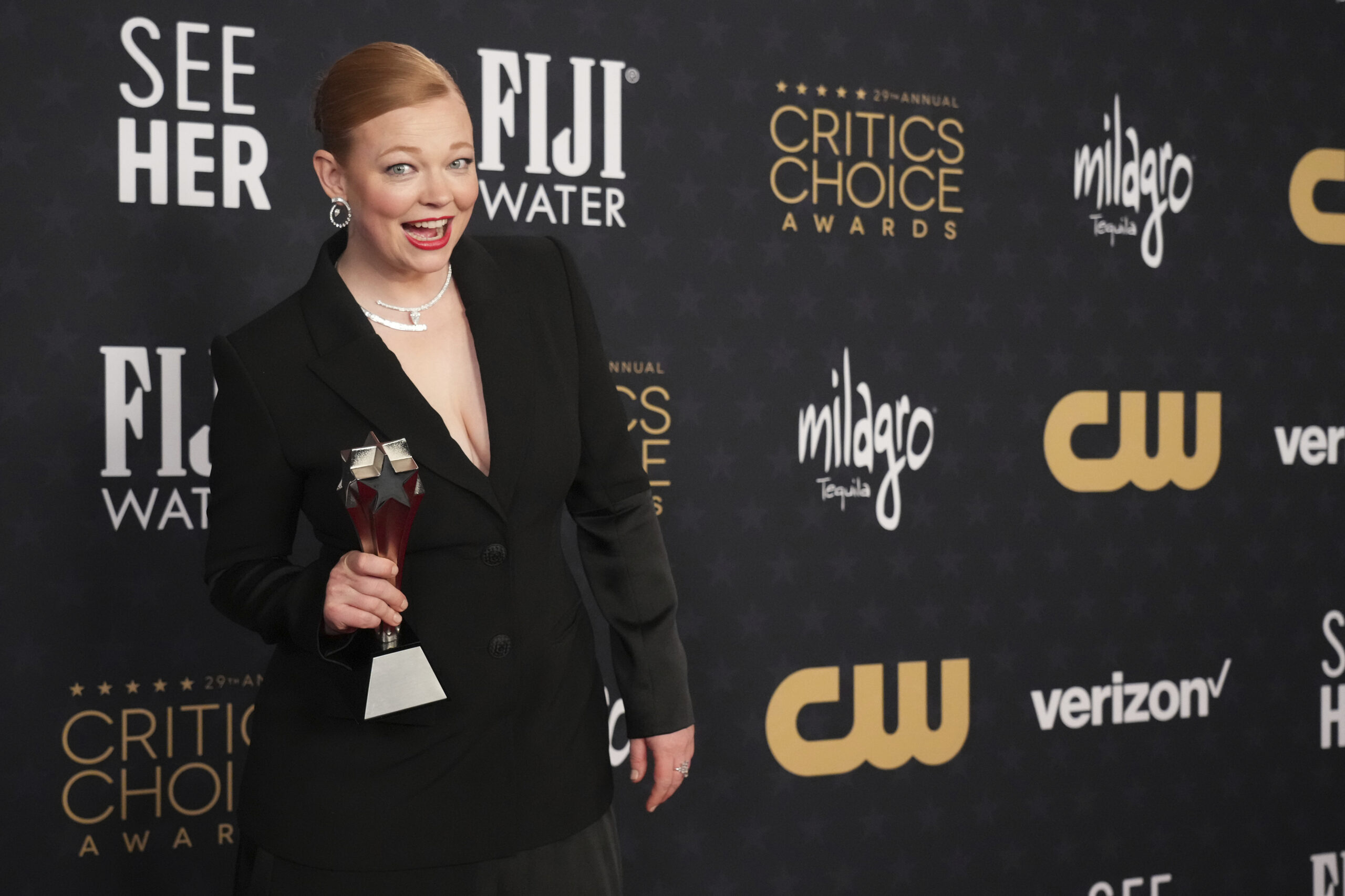 Sarah Snook poses in the press room with the award for best actress in a drama series for "Succession" during the 29th Critics Choice Awards on Sunday, Jan. 14, 2024, at the Barker Hangar in Santa Monica, Calif. (Photo by Jordan Strauss/Invision/AP)