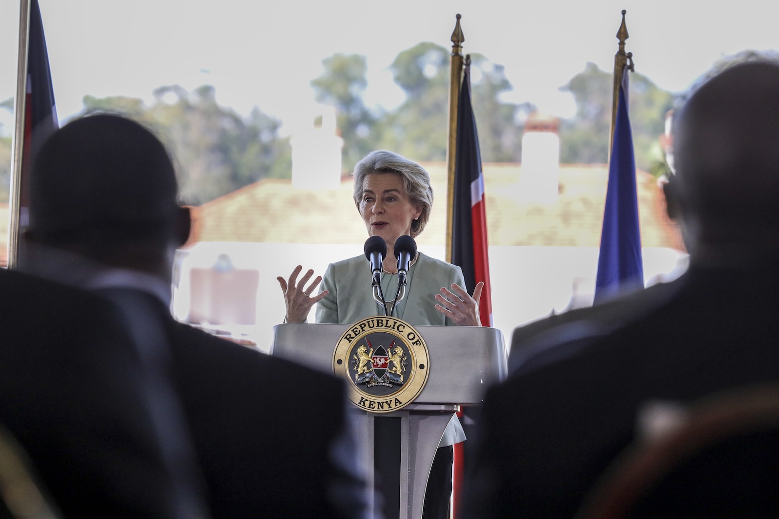 epa11035599 European Commission President Ursula von der Leyen speaks during a joint press conference at the signing of the Kenya-EU Economic Partnership Agreement at the Statehouse in Nairobi, Kenya, 18 December 2023. The EU and Kenya signed an Economic Partnership Agreement (EPA) to boost bilateral trade in goods, increase investment flows, and contribute to sustainable economic growth, according to a statement by the delegation of the EU to Kenya. The EU is Kenya's first export destination and second largest trading partner, with a total of 3.3 billion euros in bilateral trade in 2022, which represents an increase of 27 percent compared to 2018.  EPA/DANIEL IRUNGU