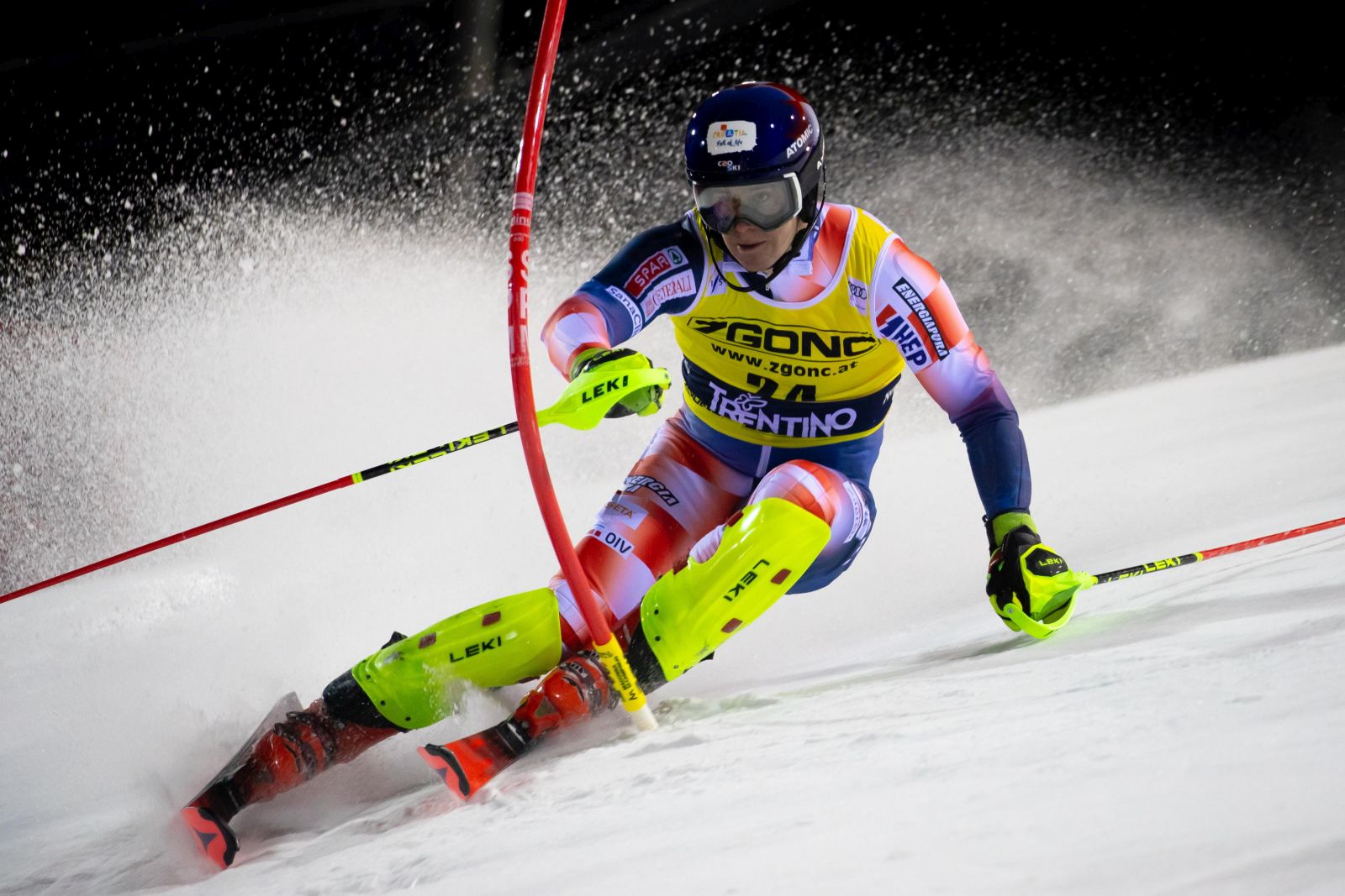 epa11041235 Filip Zubcic of Croatia clears a gate during the first run of the Men's Slalom race at the FIS Alpine Skiing World Cup in Madonna di Campiglio, Italy, 22 December 2023.  EPA/ANDREA SOLERO