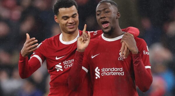 epa11052653 Cody Gakpo of Liverpool (L) and Ibrahima Konate of Liverpool (R) react after the English Premier League soccer match between Liverpool FC and Newcastle United in Liverpool, Britain, 01 January 2024.  EPA/ADAM VAUGHAN EDITORIAL USE ONLY. No use with unauthorized audio, video, data, fixture lists, club/league logos or 'live' services. Online in-match use limited to 120 images, no video emulation. No use in betting, games or single club/league/player publications.