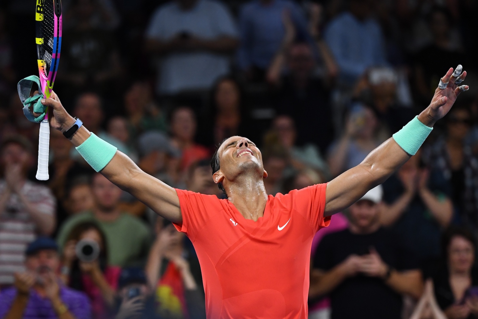epa11053259 Rafael Nadal of Spain celebrates winning against Dominic Thiem of Austria on Day 3 of the 2024 Brisbane International tennis tournament in Brisbane, Australia, 02 January 2024.  EPA/JONO SEARLE  AUSTRALIA AND NEW ZEALAND OUT      EDITORIAL USE ONLY  EDITORIAL USE ONLY